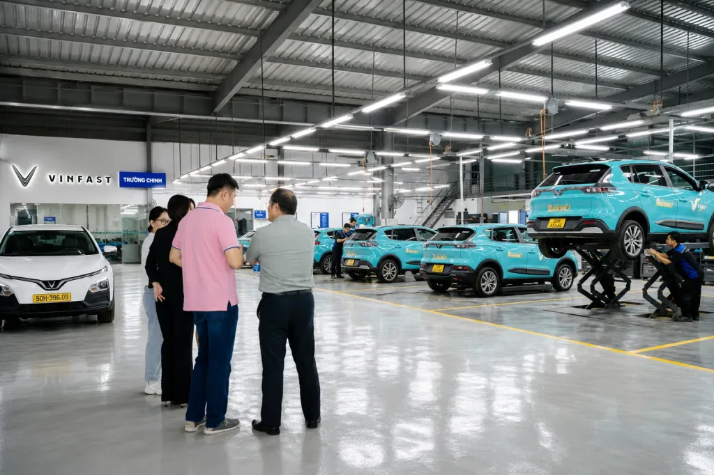 Khu tiếp nhận xe v&agrave;o xưởng dịch vụ VinFast